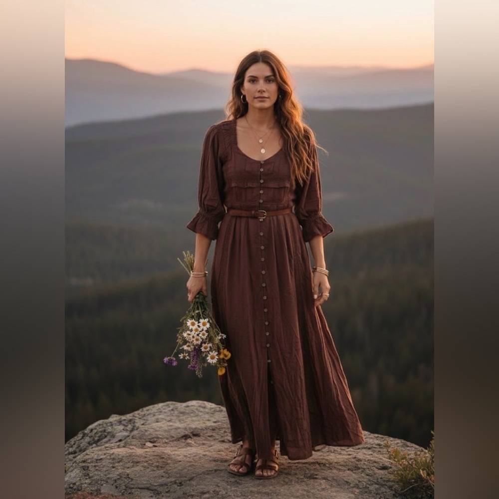 Free People magdalia romantic boho maxi dress size S bottom down puffy sleeve - Picture 4 of 13